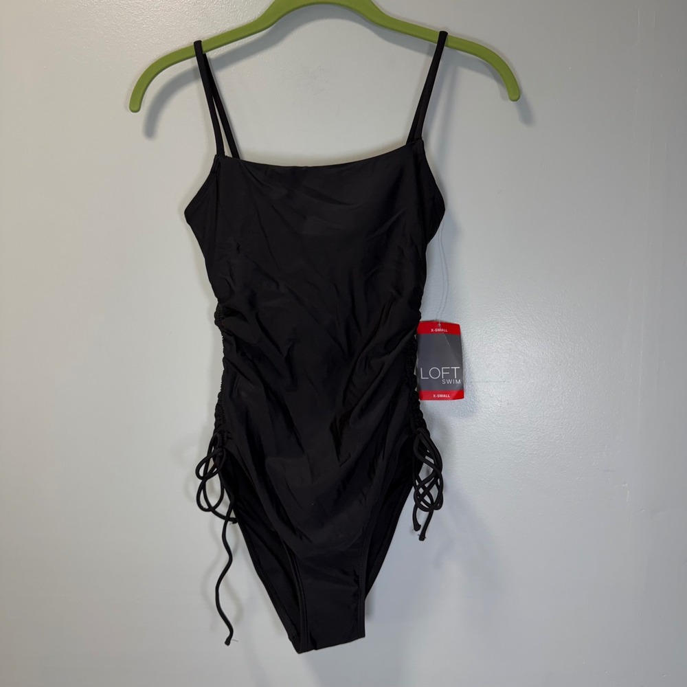 Loft Swim Womens XS Black Ruched One Piece Swimsuit Adjustable Straps NWT